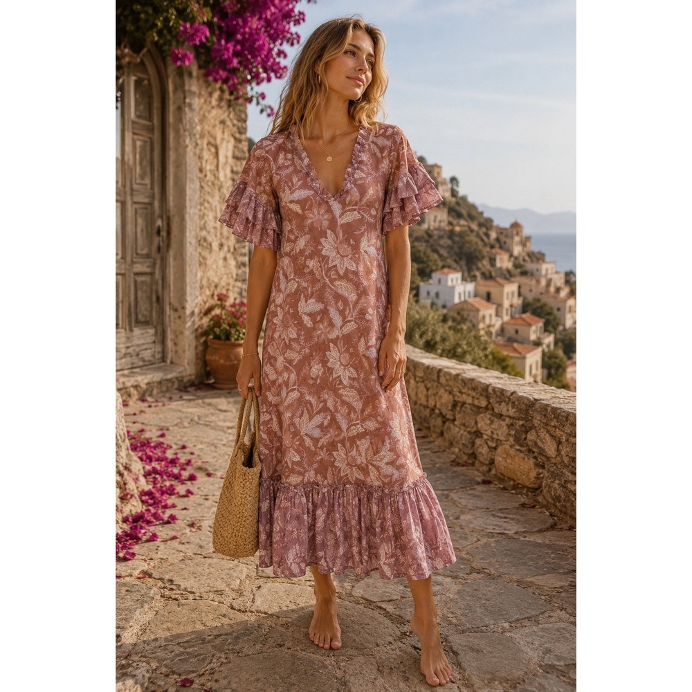 LIDO Small /Medium Boho Floral Maxi Dress Flutter Sleeve Lightweight 100% Cotton